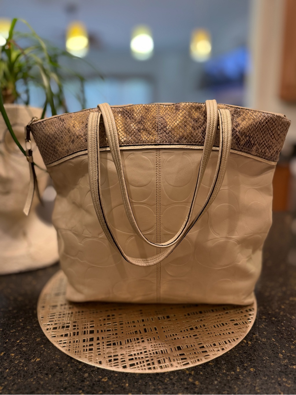 Coach Laura Embossed Cream Color Leather Tote With Python-Embossed Leather Trim
